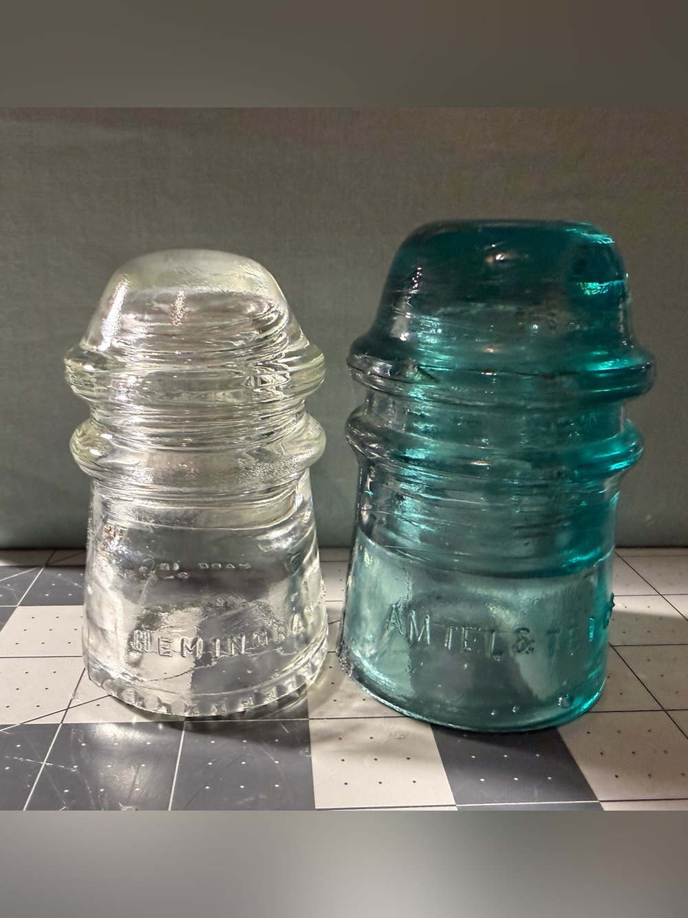 Vintage Glass Insulators - Clear & Aqua, Hemingray and AmTel Co.